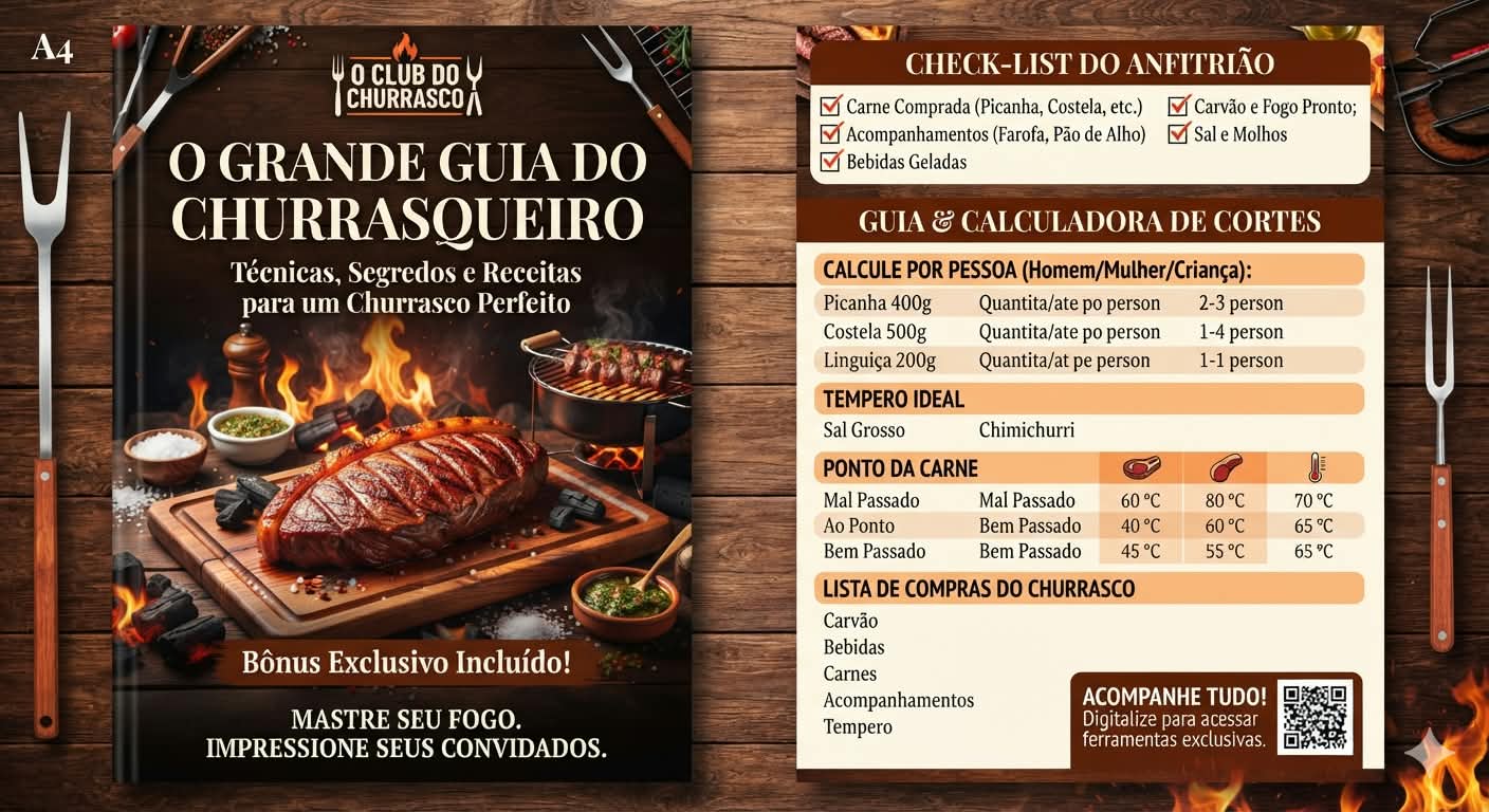 Kit digital Clube do Churrasco — calculadora de carnes, guia de cortes e checklists